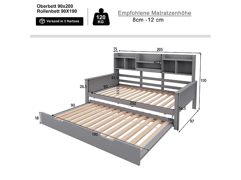 Canapé-lit gigogne 90x200 cm - Lit gigogne 90x190 cm - avec rangement - sommier à lattes - pin multi - gris (matelas non inclus)