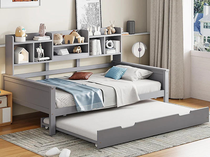 Nestslaapbank 90x200 cm - Nestbed 90x190 cm - met opbergruimte - lattenbodem - massief grenen - grijs (matras niet inbegrepen)