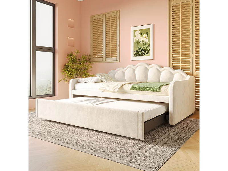 Slaapbank 90x200/180x200 cm - met nestbed - met LED-verlichtingsstrip - fluweel - beige (matras niet inbegrepen)