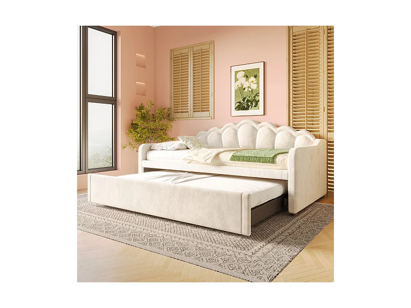 Canapé-lit 90x200/180x200 cm - avec lit gigogne - avec bande lumineuse LED - velours - beige (matelas non inclus)