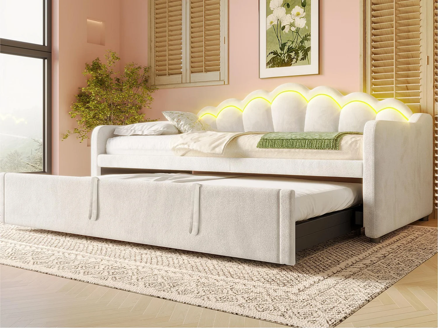 Canapé-lit 90x200/180x200 cm - avec lit gigogne - avec bande lumineuse LED - velours - beige (matelas non inclus)