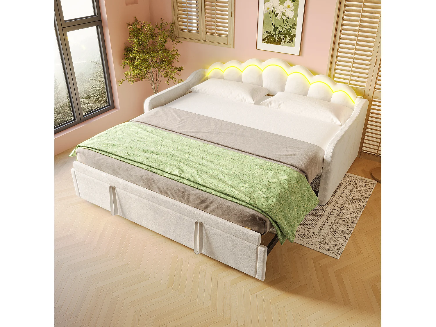 Canapé-lit 90x200/180x200 cm - avec lit gigogne - avec bande lumineuse LED - velours - beige (matelas non inclus)