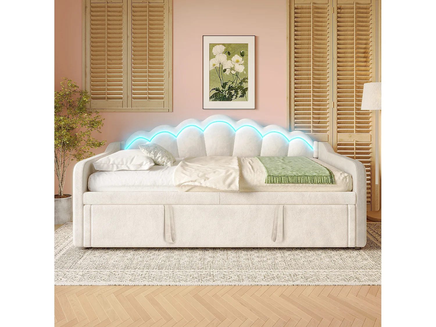 Canapé-lit 90x200/180x200 cm - avec lit gigogne - avec bande lumineuse LED - velours - beige (matelas non inclus)