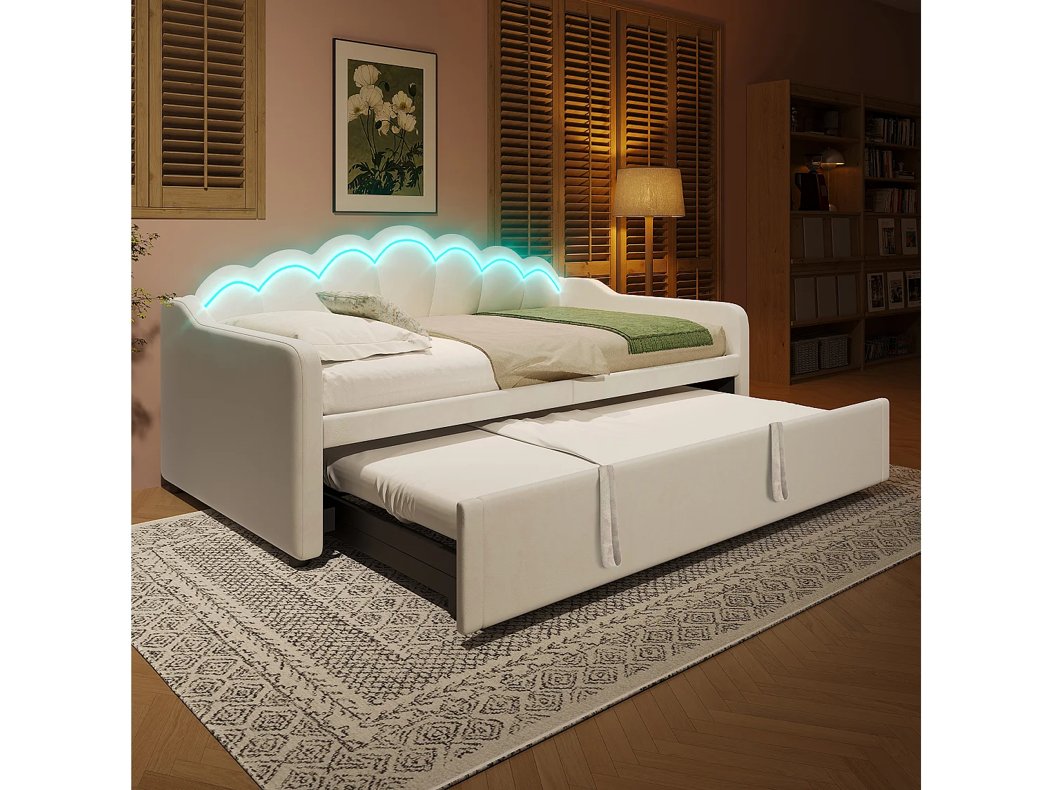 Canapé-lit 90x200/180x200 cm - avec lit gigogne - avec bande lumineuse LED - velours - beige (matelas non inclus)