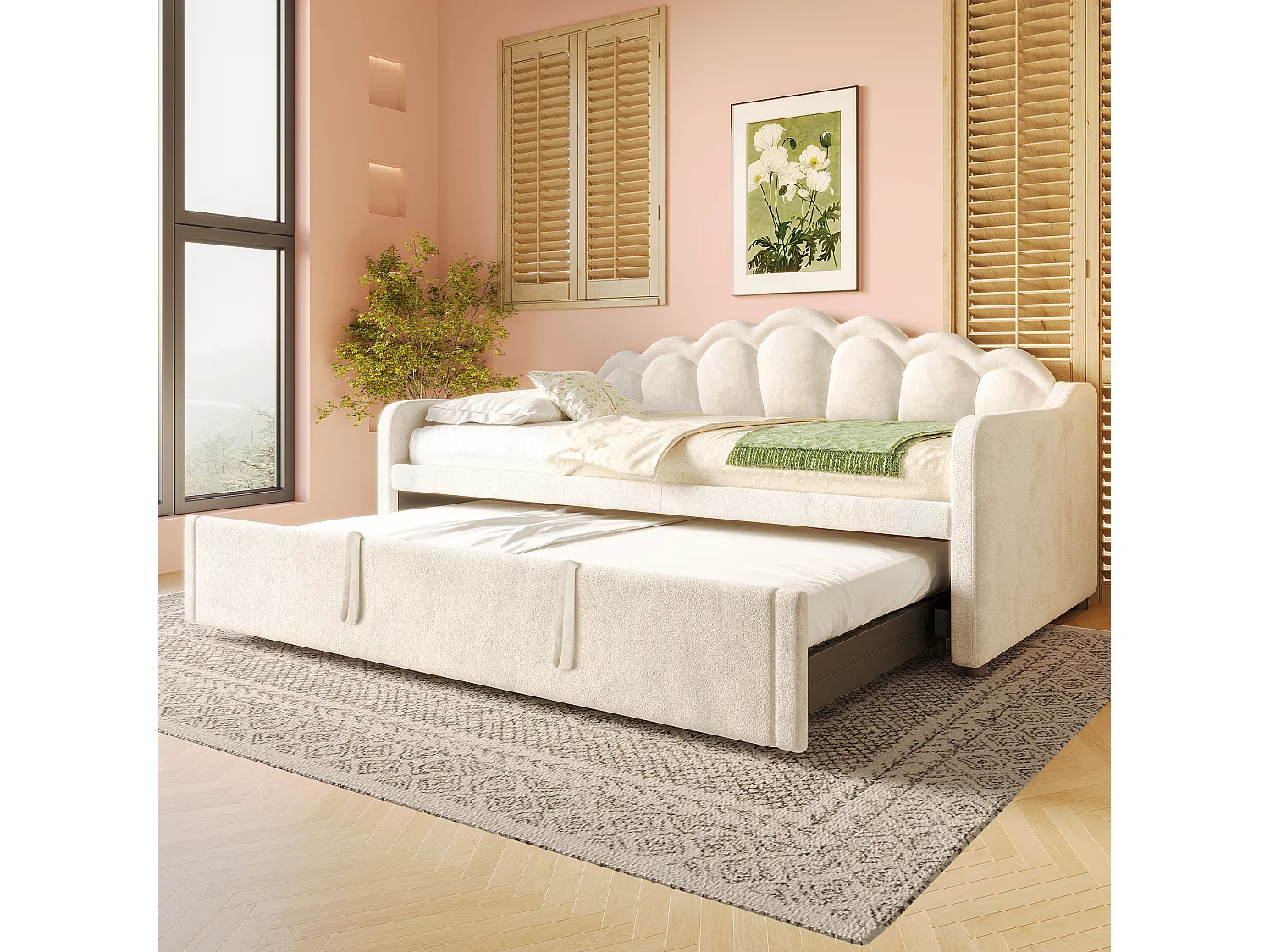 Canapé-lit 90x200/180x200 cm - avec lit gigogne - avec bande lumineuse LED - velours - beige (matelas non inclus)