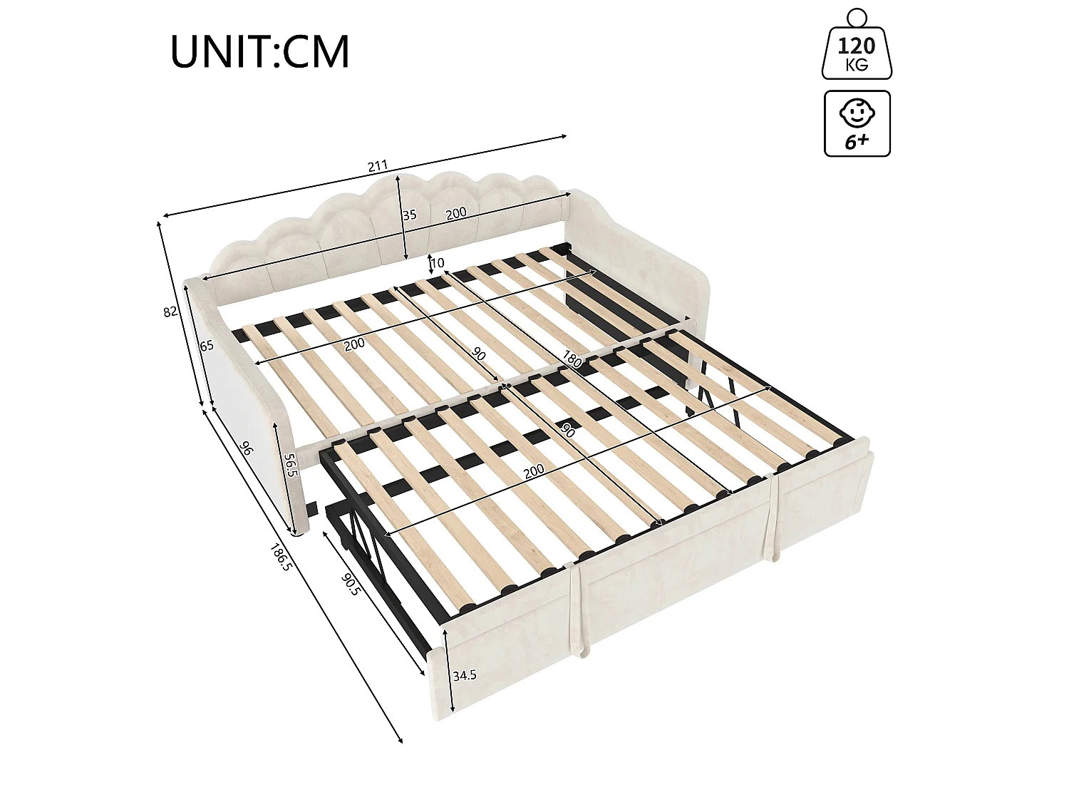 Canapé-lit 90x200/180x200 cm - avec lit gigogne - avec bande lumineuse LED - velours - beige (matelas non inclus)