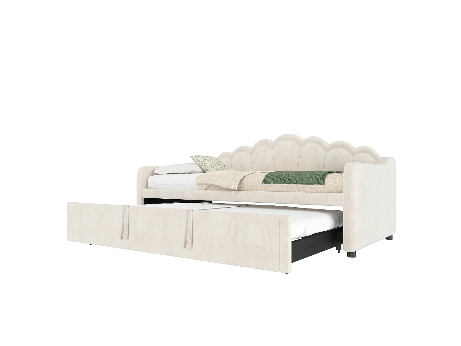 Canapé-lit 90x200/180x200 cm - avec lit gigogne - avec bande lumineuse LED - velours - beige (matelas non inclus)