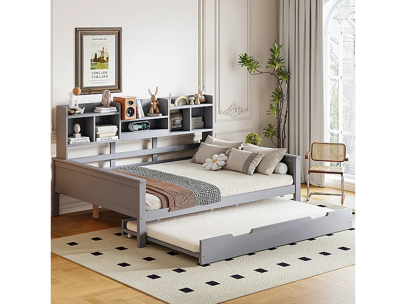 Nestsofa 140x200 cm - Nestbett 90x190 cm - mit Stauraum - Lattenrost - Massivkiefer - grau (Matratze nicht im Lieferumfang)