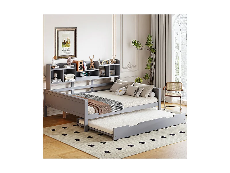 Canapé-lit gigogne 140x200 cm - Lit gigogne 90x190 cm - avec rangement - sommier à lattes - pin multi - gris (matelas non inclus)
