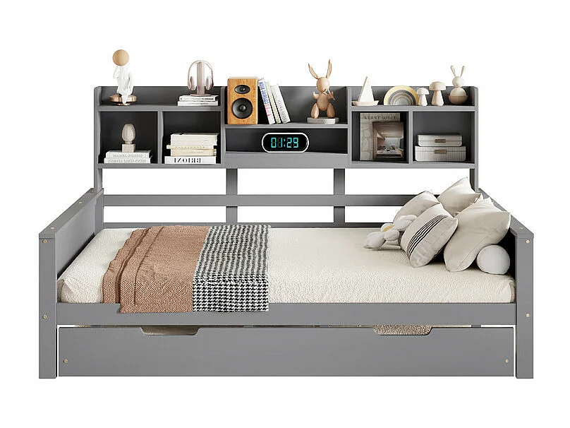 Canapé-lit gigogne 140x200 cm - Lit gigogne 90x190 cm - avec rangement - sommier à lattes - pin multi - gris (matelas non inclus)