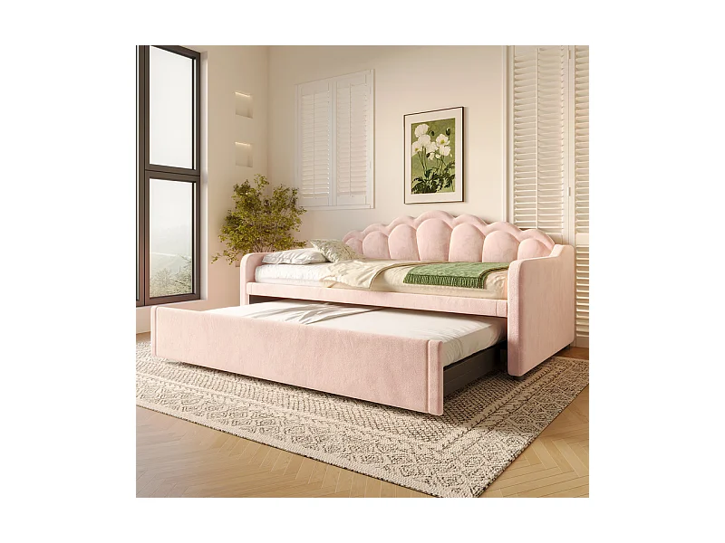 Canapé-lit 90x200/180x200 cm - avec lit gigogne - avec bande lumineuse LED - velours - rose (matelas non inclus)