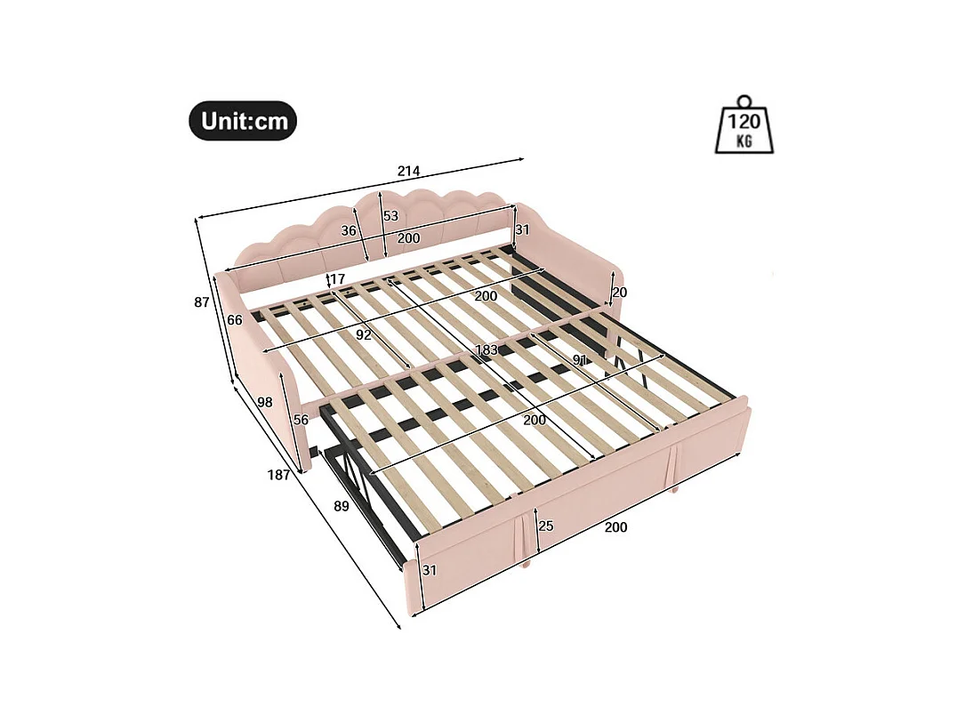 Slaapbank 90x200/180x200 cm - met nestbed - met LED-lichtstrip - fluweel - roze (matras niet inbegrepen)