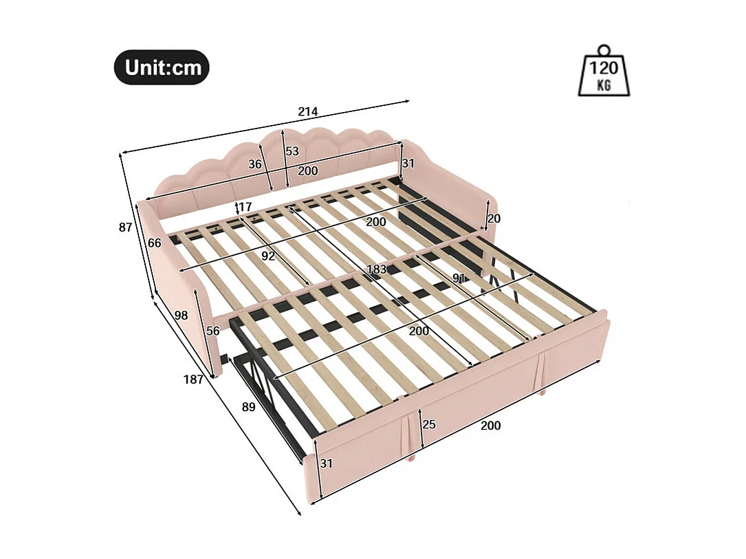 Slaapbank 90x200/180x200 cm - met nestbed - met LED-lichtstrip - fluweel - roze (matras niet inbegrepen)