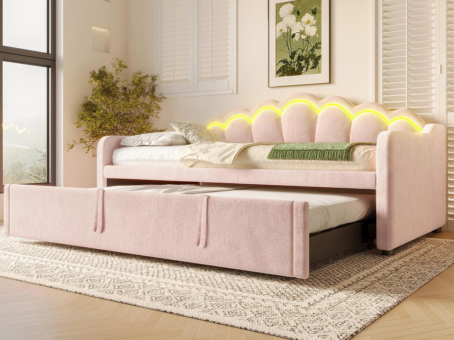 Canapé-lit 90x200/180x200 cm - avec lit gigogne - avec bande lumineuse LED - velours - rose (matelas non inclus)