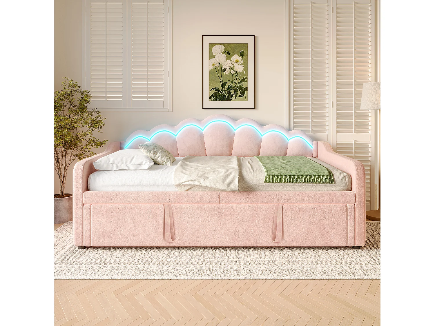 Canapé-lit 90x200/180x200 cm - avec lit gigogne - avec bande lumineuse LED - velours - rose (matelas non inclus)