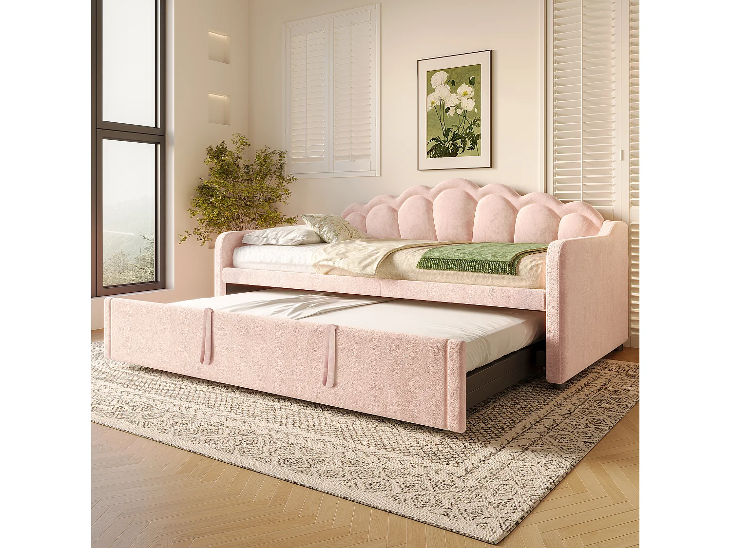 Canapé-lit 90x200/180x200 cm - avec lit gigogne - avec bande lumineuse LED - velours - rose (matelas non inclus)