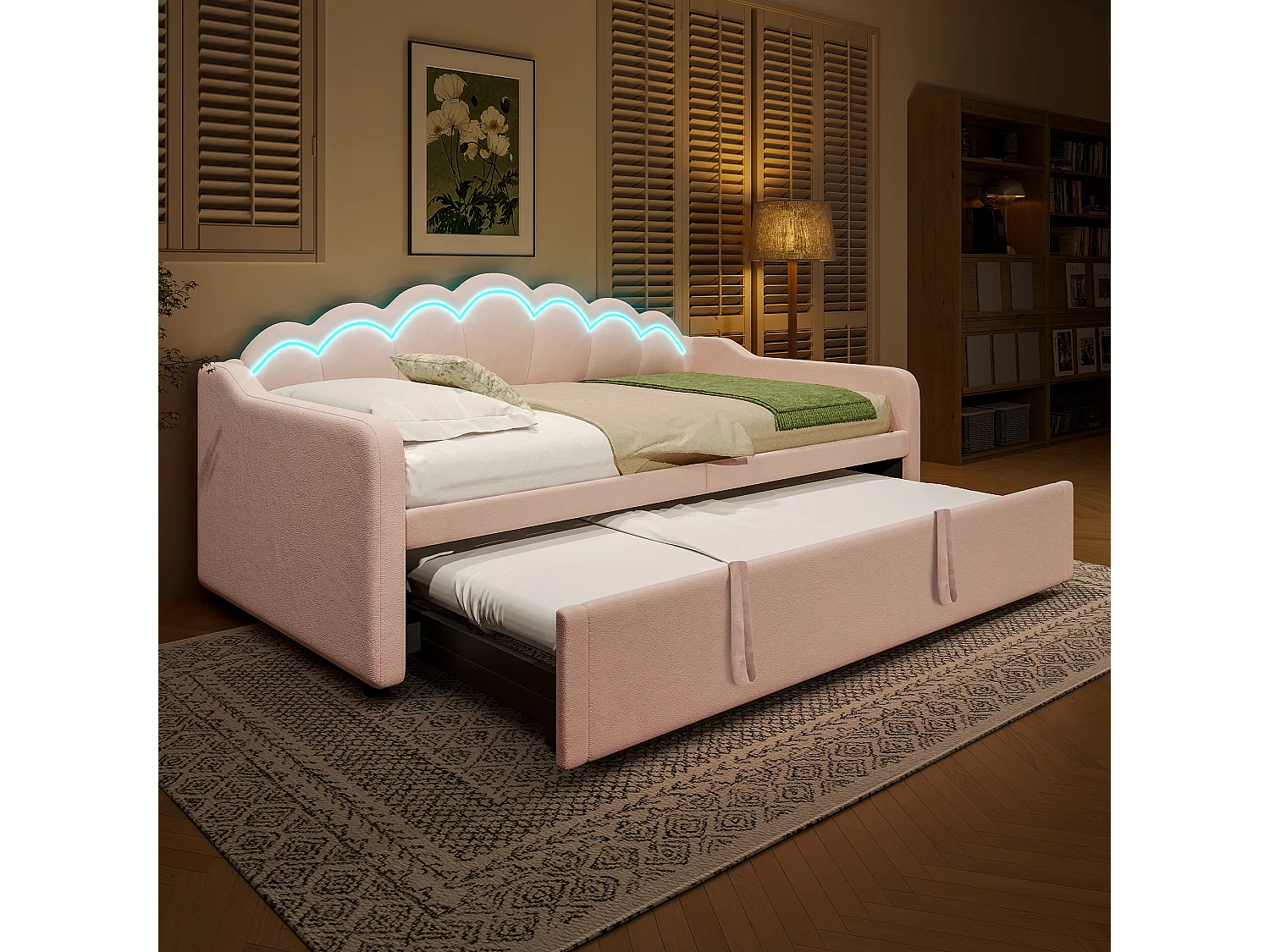 Canapé-lit 90x200/180x200 cm - avec lit gigogne - avec bande lumineuse LED - velours - rose (matelas non inclus)
