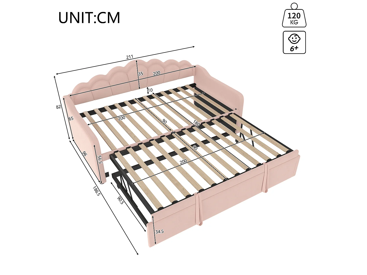 Canapé-lit 90x200/180x200 cm - avec lit gigogne - avec bande lumineuse LED - velours - rose (matelas non inclus)