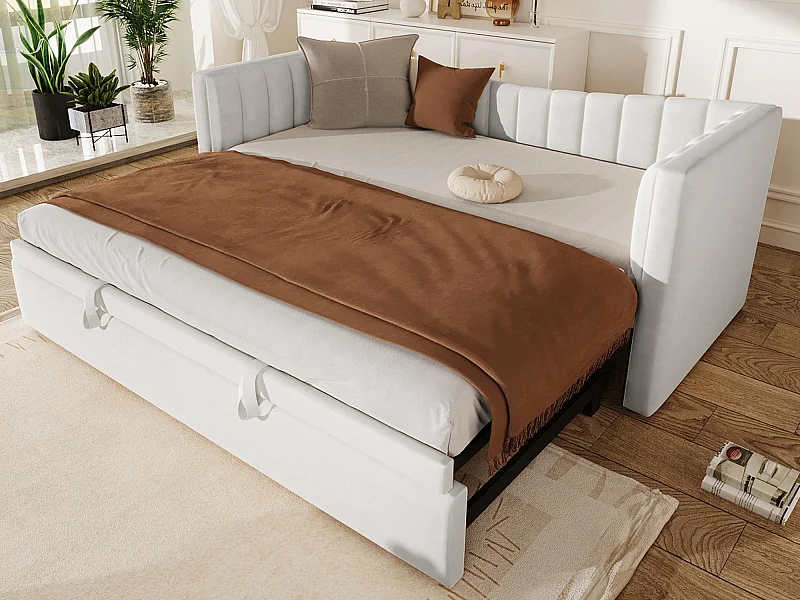 Canapé-lit capitonné 90 x 200 cm / 180 x 200 cm - avec lit gigogne - velours - blanc (matelas non inclus)