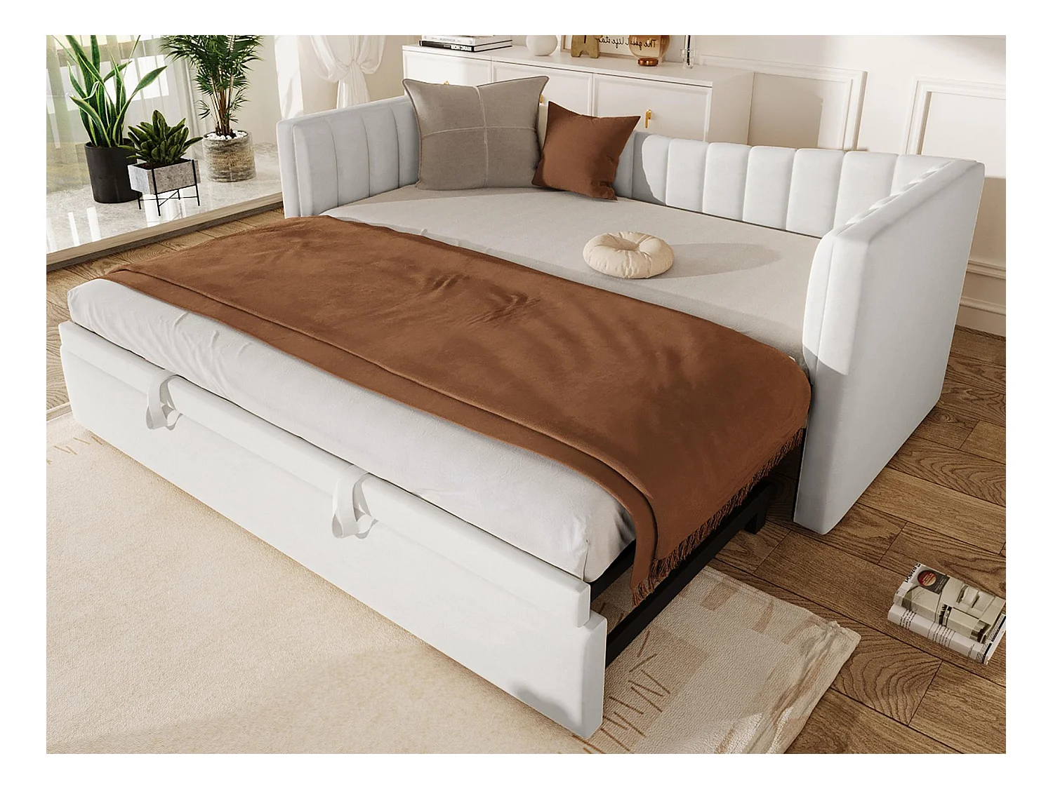 Canapé-lit capitonné 90 x 200 cm / 180 x 200 cm - avec lit gigogne - velours - blanc (matelas non inclus)