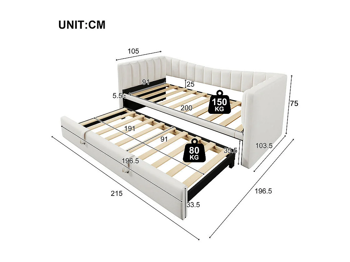 Canapé-lit capitonné 90 x 200 cm / 180 x 200 cm - avec lit gigogne - velours - blanc (matelas non inclus)