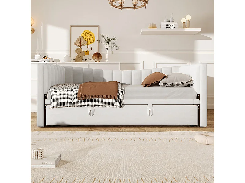 Canapé-lit capitonné 90 x 200 cm / 180 x 200 cm - avec lit gigogne - velours - blanc (matelas non inclus)