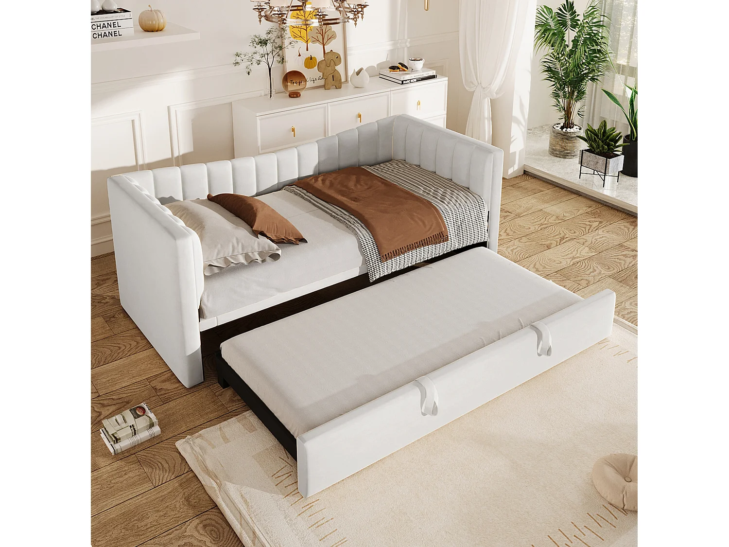 Canapé-lit capitonné 90 x 200 cm / 180 x 200 cm - avec lit gigogne - velours - blanc (matelas non inclus)