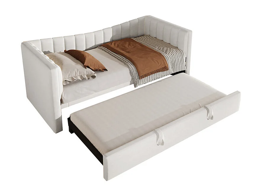 Canapé-lit capitonné 90 x 200 cm / 180 x 200 cm - avec lit gigogne - velours - blanc (matelas non inclus)
