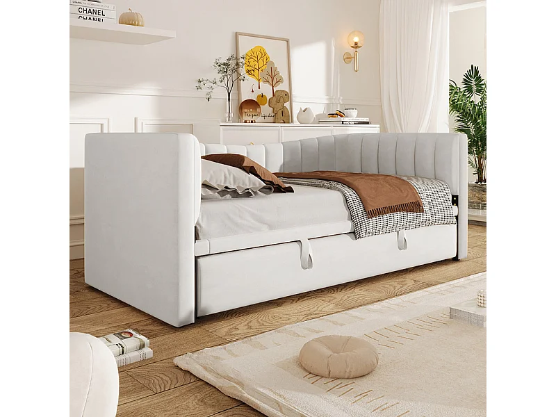 Canapé-lit capitonné 90 x 200 cm / 180 x 200 cm - avec lit gigogne - velours - blanc (matelas non inclus)