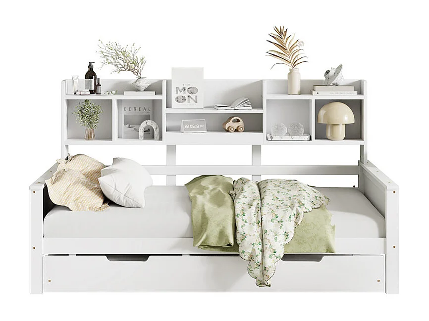 Canapé-lit gigogne 90x200 cm - Lit gigogne 90x190 cm - avec rangement - sommier à lattes - pin multi - blanc (matelas non inclus)