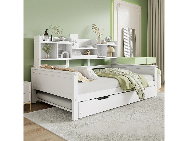 Canapé-lit gigogne 90x200 cm - Lit gigogne 90x190 cm - avec rangement - sommier à lattes - pin multi - blanc (matelas non inclus)