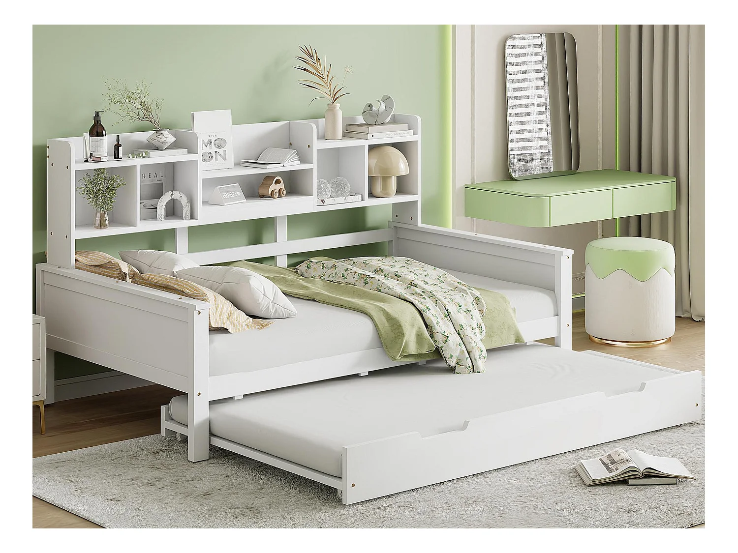 Divano letto nido 90x200 cm - Letto nido 90x190 cm - con contenitore - rete a doghe - pino massello - bianco (materasso non incluso)