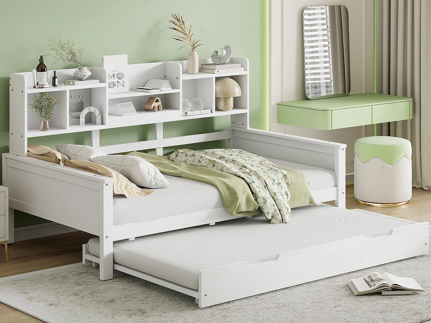 Canapé-lit gigogne 90x200 cm - Lit gigogne 90x190 cm - avec rangement - sommier à lattes - pin multi - blanc (matelas non inclus)