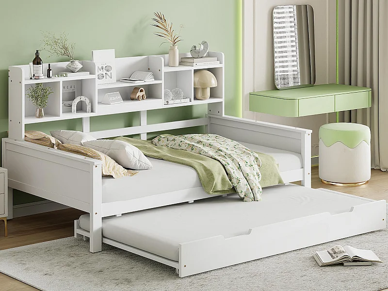 Canapé-lit gigogne 90x200 cm - Lit gigogne 90x190 cm - avec rangement - sommier à lattes - pin multi - blanc (matelas non inclus)