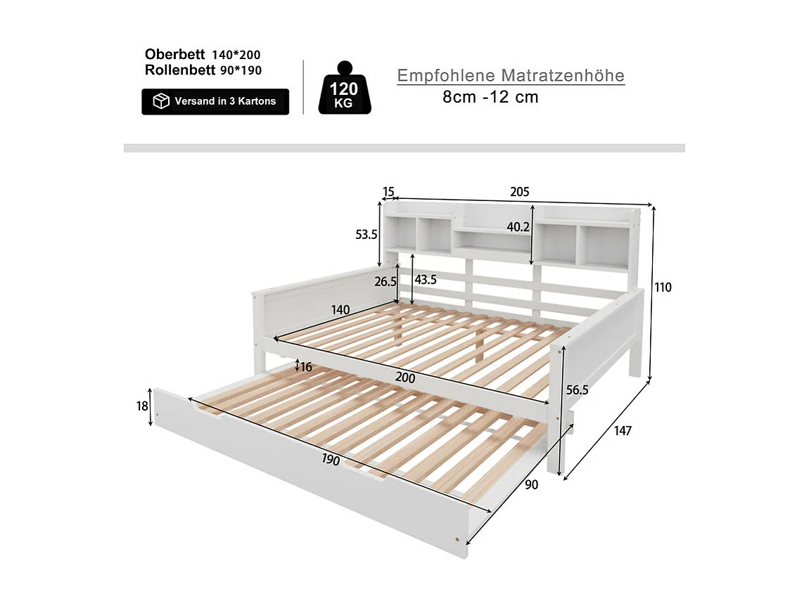 Nestslaapbank 140x200 cm - Nestbed 90x190 cm - met opbergruimte - lattenbodem - massief grenen - wit (matras niet inbegrepen)
