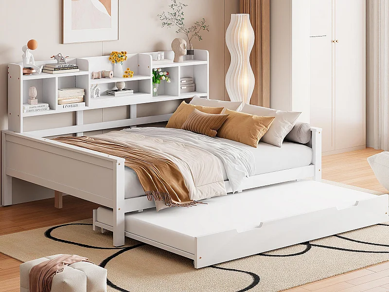 Nestslaapbank 140x200 cm - Nestbed 90x190 cm - met opbergruimte - lattenbodem - massief grenen - wit (matras niet inbegrepen)