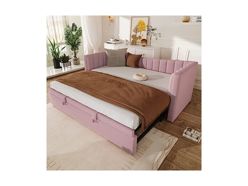 Gepolstertes Schlafsofa 90 x 200 cm / 180 x 200 cm - mit ausziehbarem Bett - Samt - Rosa (Matratze nicht enthalten)
