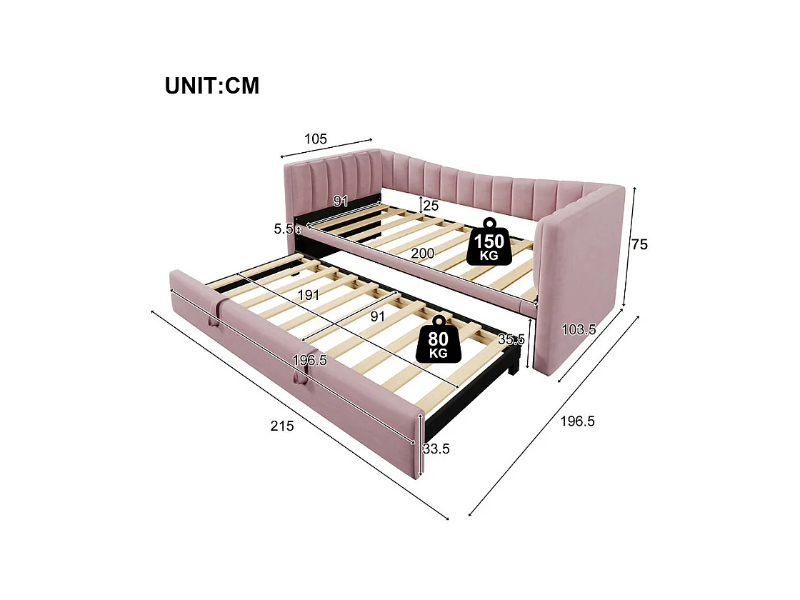 Divano letto capitonné 90 x 200 cm / 180 x 200 cm - con letto a castello - velluto - rosa (materasso non incluso)