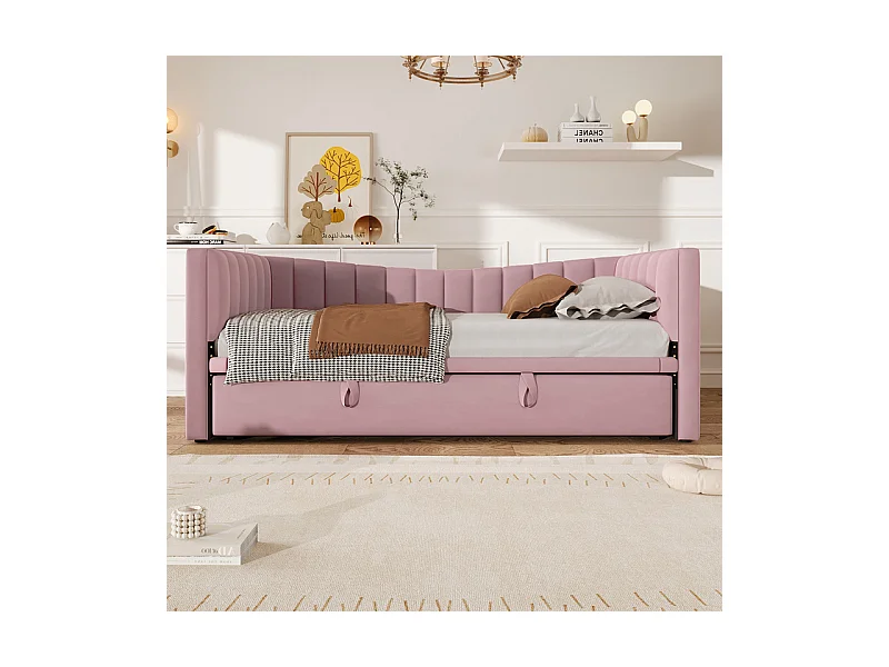 Divano letto capitonné 90 x 200 cm / 180 x 200 cm - con letto a castello - velluto - rosa (materasso non incluso)