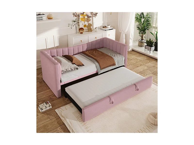 Divano letto capitonné 90 x 200 cm / 180 x 200 cm - con letto a castello - velluto - rosa (materasso non incluso)