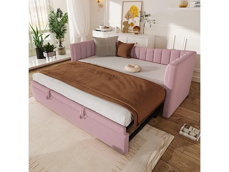 Canapé-lit capitonné 90 x 200 cm / 180 x 200 cm - avec lit gigogne - velours - rose (matelas non inclus)