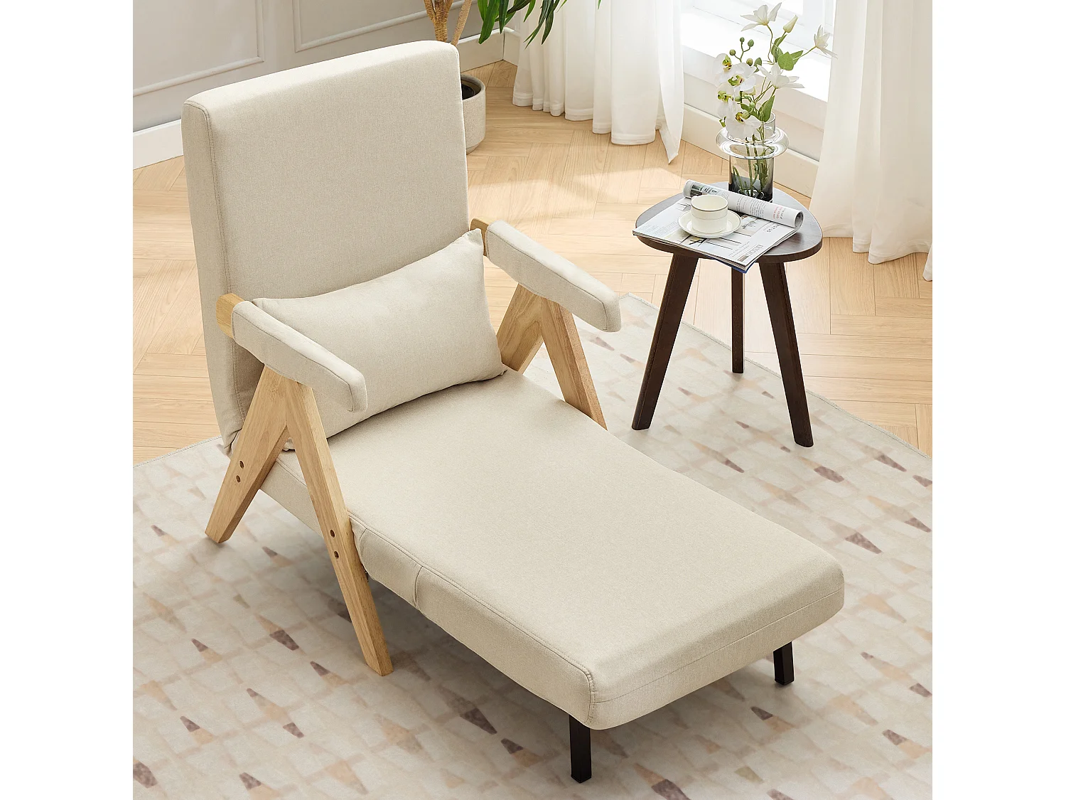 Fauteuil 64x68,5x93 cm - 3-in-1 ombouwbaar - gestoffeerd - linnen - beige + naturel