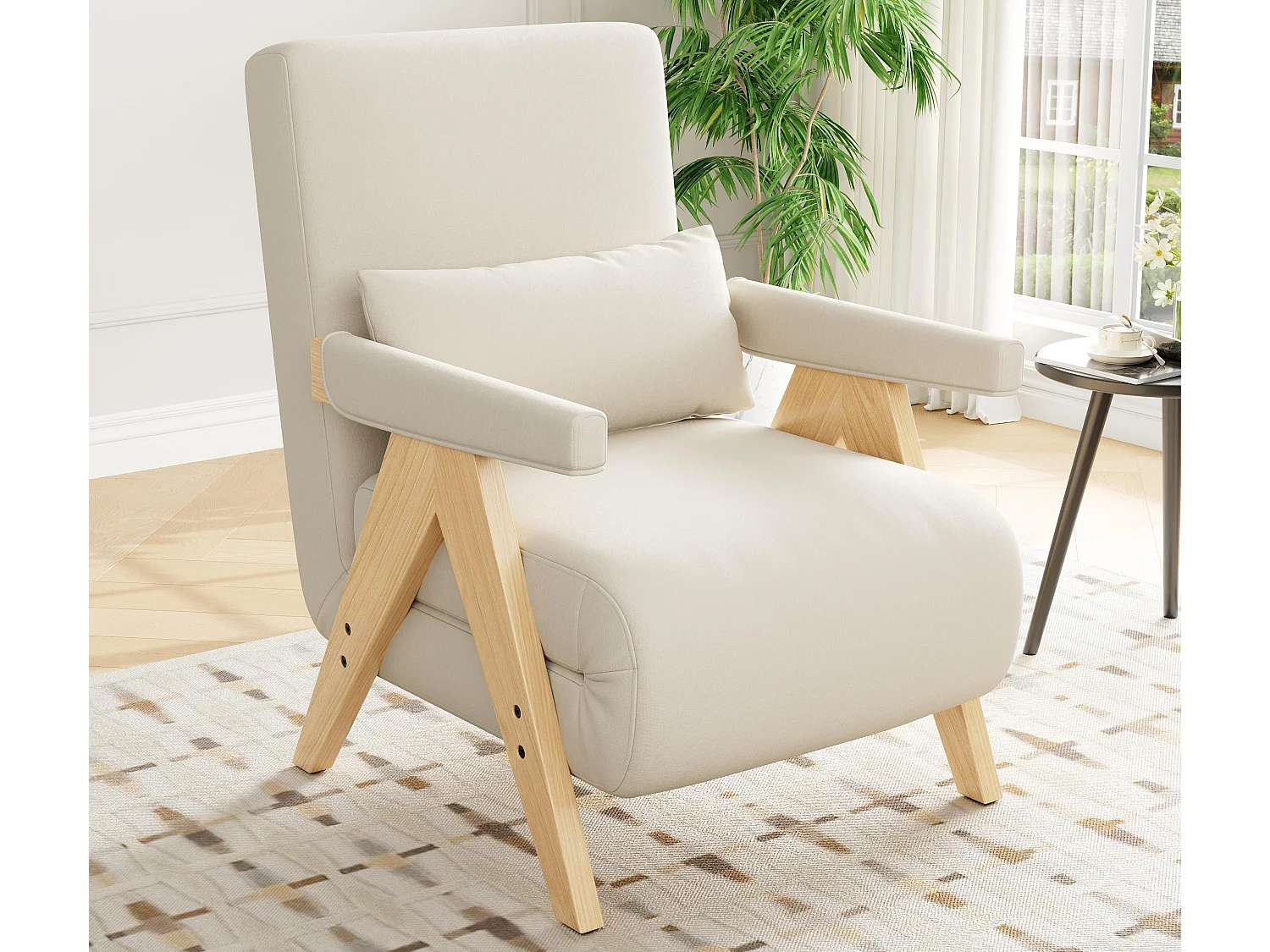 Einzelsessel 64x68,5x93 cm - 3-in-1 umbaubar - gepolstert - Leinen - beige + natur