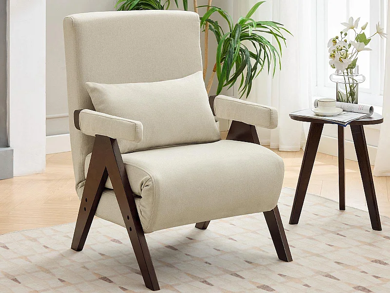 Fauteuil simple 64x68,5x93cm - convertible 3 en 1 - rembourré - lin - beige + marron