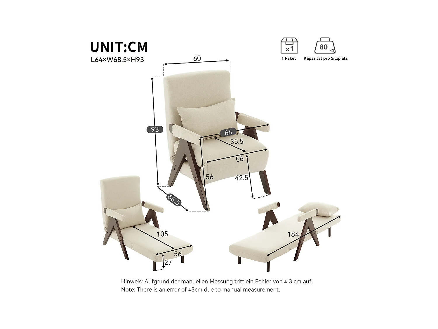 Fauteuil simple 64x68,5x93cm - convertible 3 en 1 - rembourré - lin - beige + marron