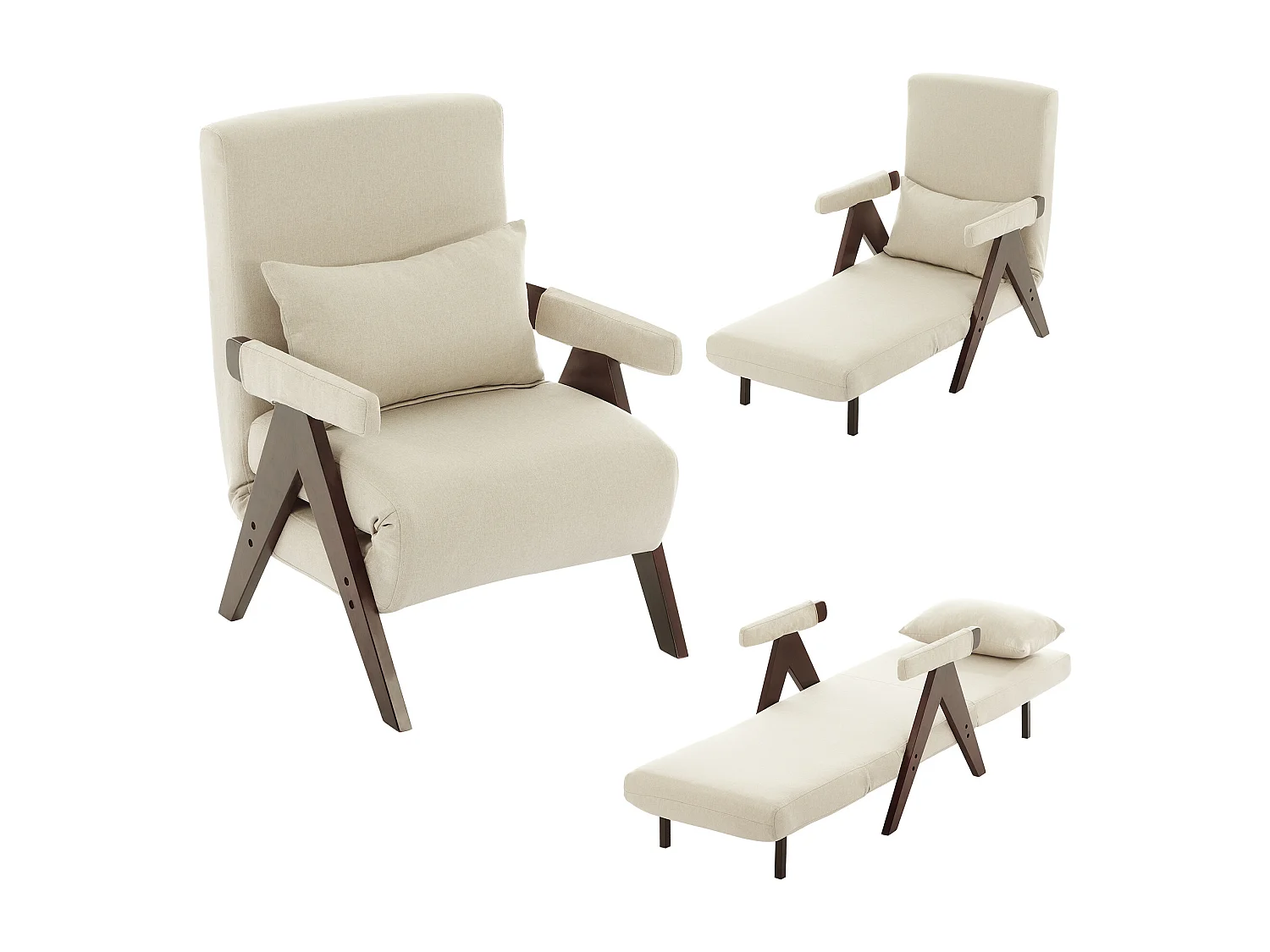 Fauteuil simple 64x68,5x93cm - convertible 3 en 1 - rembourré - lin - beige + marron