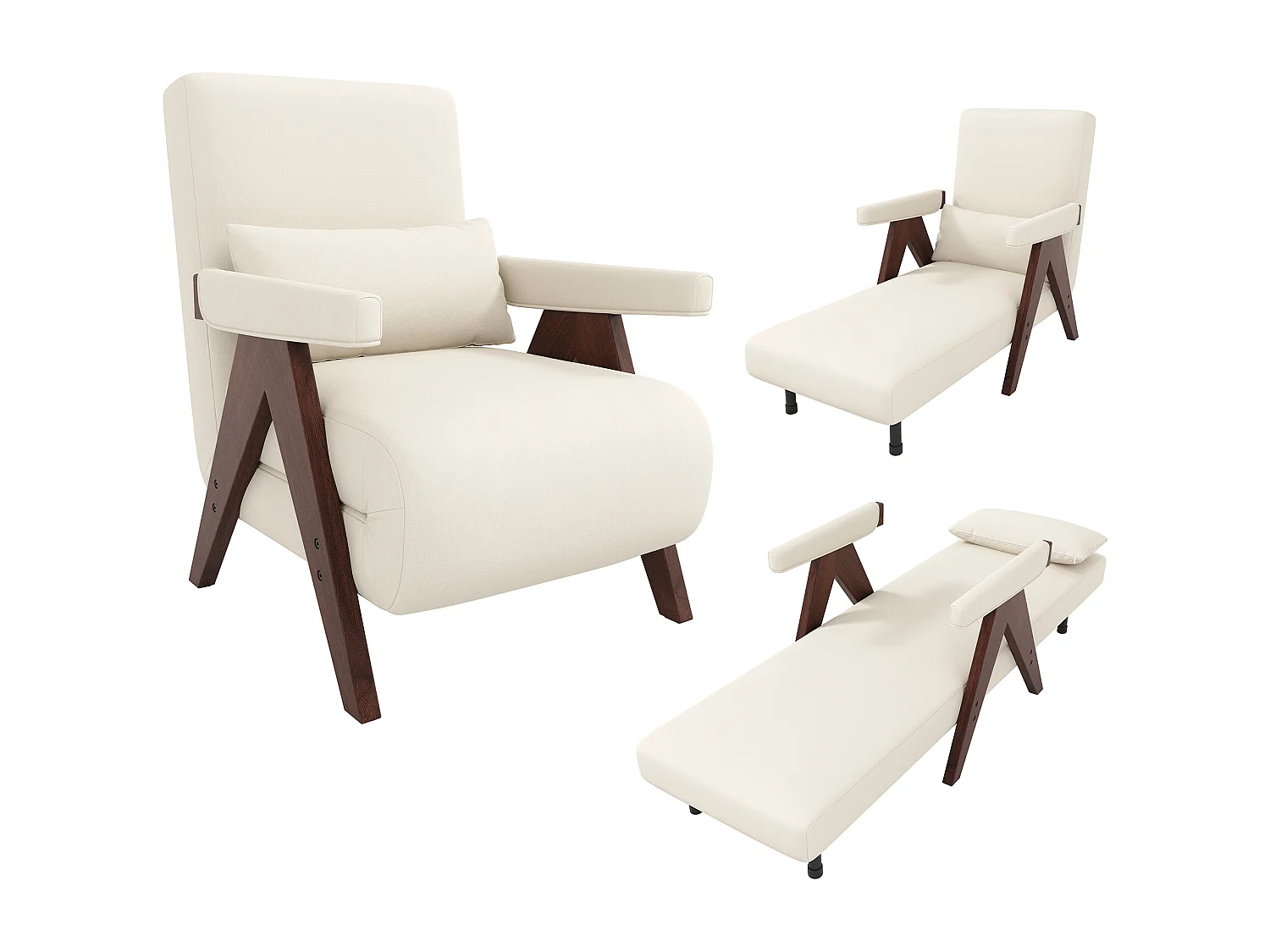 Fauteuil simple 64x68,5x93cm - convertible 3 en 1 - rembourré - lin - beige + marron