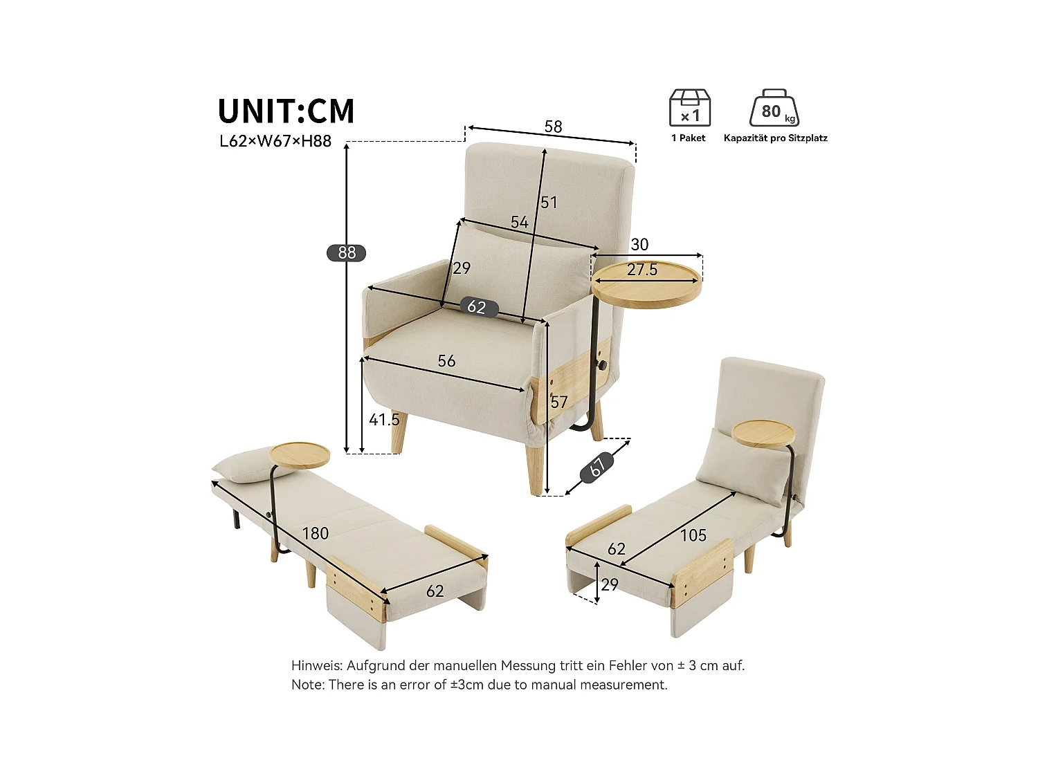 Moderne fauteuil 62x67x88 cm - 3-in-1 ombouwbare fauteuil - Met slaapfunctie - Opvouwbare gestoffeerde fauteuil - Beige