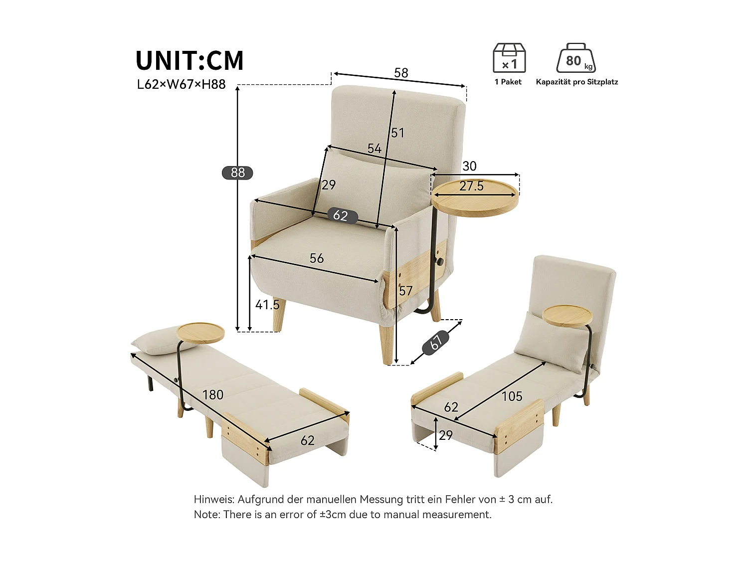 Moderne fauteuil 62x67x88 cm - 3-in-1 ombouwbare fauteuil - Met slaapfunctie - Opvouwbare gestoffeerde fauteuil - Beige