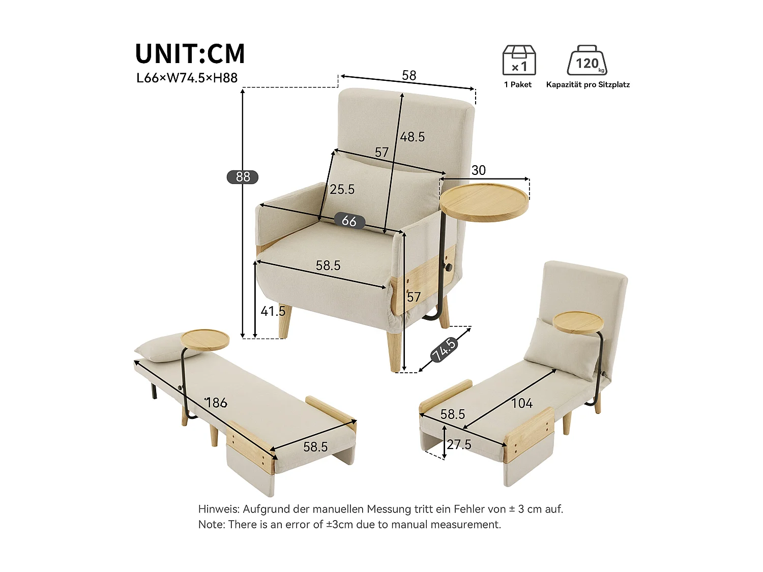 Moderner Sessel 62x67x88 cm - 3-in-1 Konvertiersessel - Mit Schlaffunktion - Gepolsterter Klappsessel - Beige